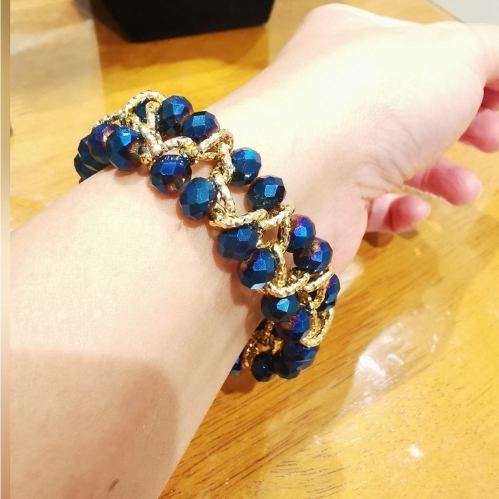 Gold Chain Bracelet with Iridescent Blue Beads